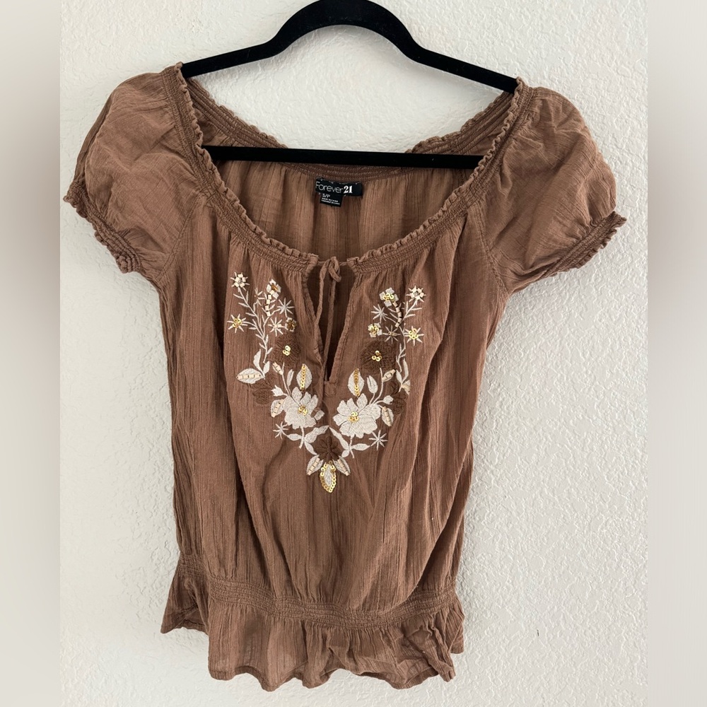 Forever 21 embroidered blouse sz‎ s/p country girl boho brown cap sleeve